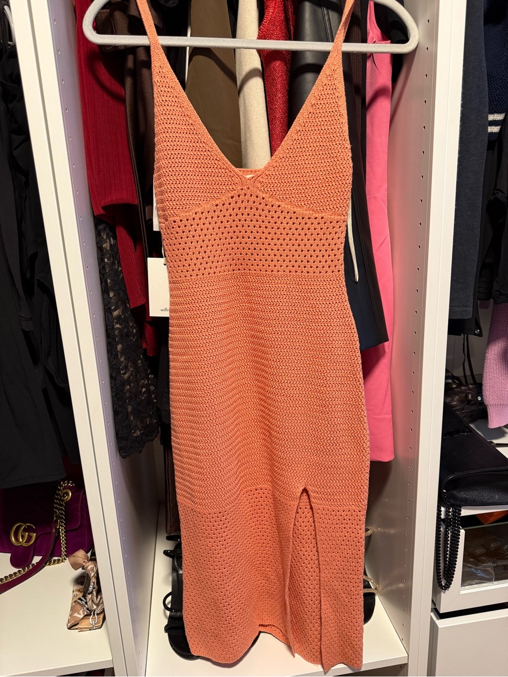 Aritzia Crochet Midi Dress in Coral Orange